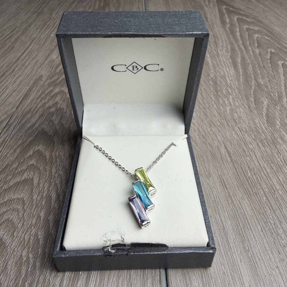 CBC Sterling Silver Multi Color Triple Baguette Cut CZ Pendant Necklace